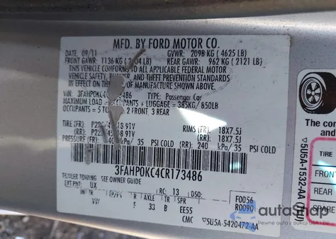 2012 Ford Fusion Sport z USA, uszkodzony, nr VIN 3FAHP0KC4CR173486